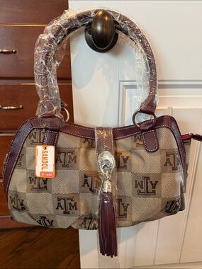 New Monogram Check Shoulder Bag with Burgundy Trim